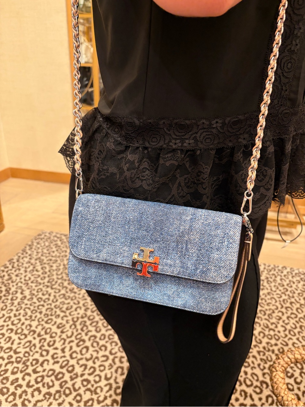 Tory Burch Denim Crossbody with Silver Chain and Orange Logo Accent new with tag